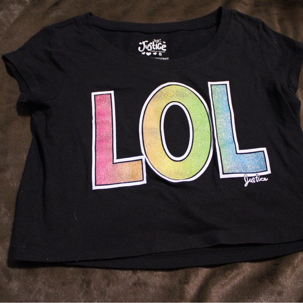 Justice Black Short Sleeve Tee with Glitter Rainbow 'LOL' Graphic